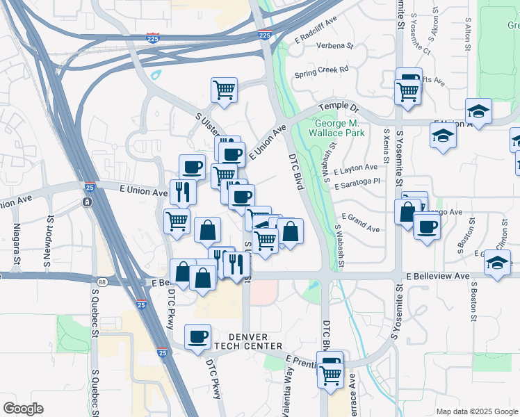 map of restaurants, bars, coffee shops, grocery stores, and more near 4982 South Ulster Street in Denver