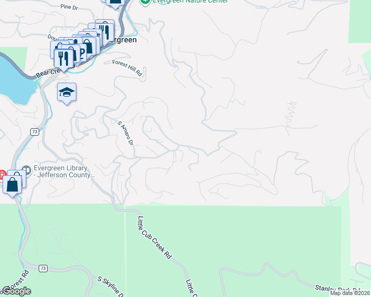 map of restaurants, bars, coffee shops, grocery stores, and more near 27126 Mountain Park Road in Evergreen
