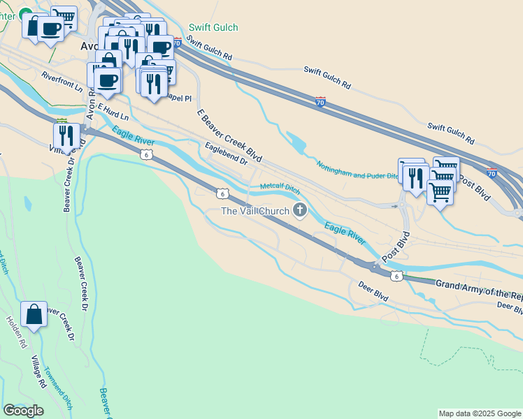 map of restaurants, bars, coffee shops, grocery stores, and more near 1608 Deer Boulevard in Avon