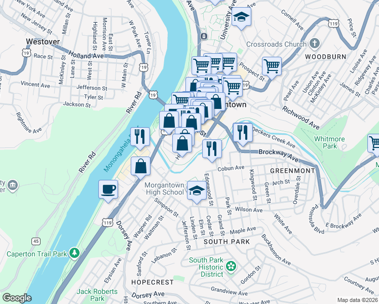 map of restaurants, bars, coffee shops, grocery stores, and more near 58 High Street in Morgantown