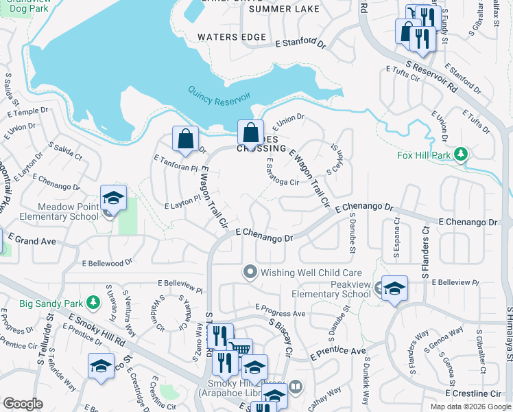 map of restaurants, bars, coffee shops, grocery stores, and more near 4877 South Argonne Street in Aurora