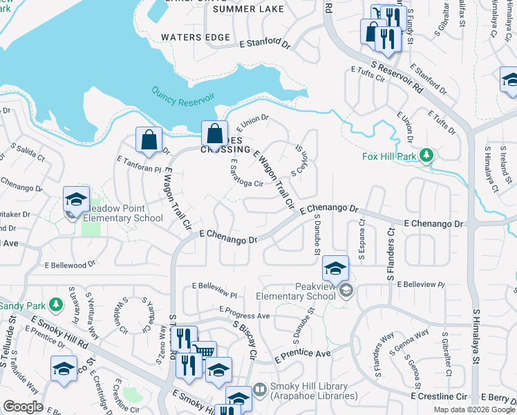 map of restaurants, bars, coffee shops, grocery stores, and more near 19065 East Chenango Circle in Aurora