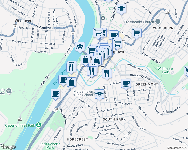 map of restaurants, bars, coffee shops, grocery stores, and more near 54 High Street in Morgantown