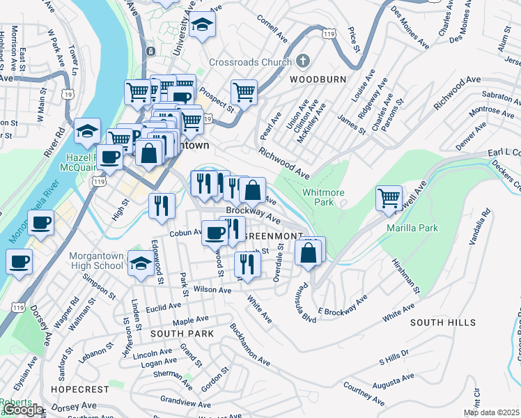 map of restaurants, bars, coffee shops, grocery stores, and more near 509 Clark Street in Morgantown