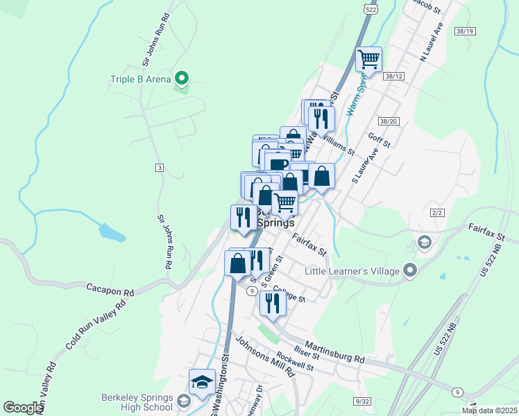 map of restaurants, bars, coffee shops, grocery stores, and more near 21 Fairfax Street in Berkeley Springs