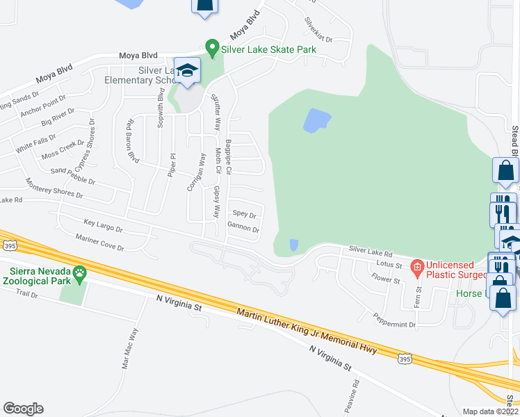 map of restaurants, bars, coffee shops, grocery stores, and more near 7408 Findhorn Drive in Reno