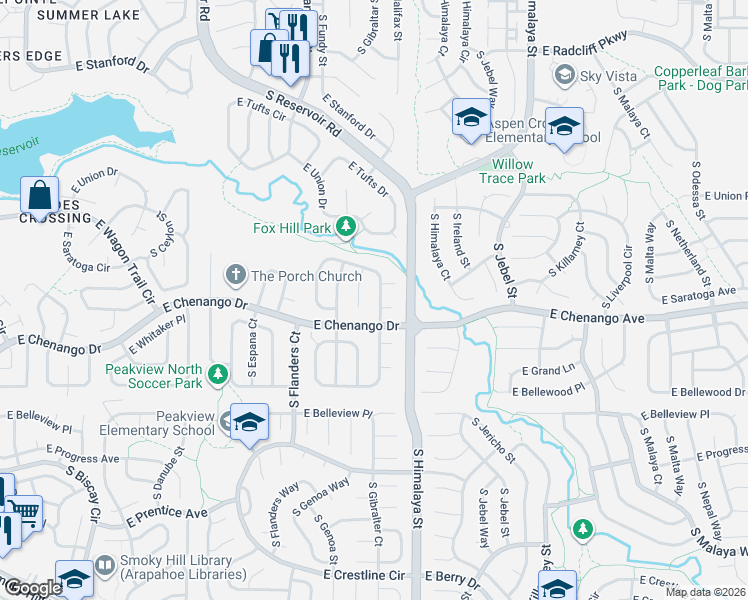 map of restaurants, bars, coffee shops, grocery stores, and more near 20099 East Wagontrail Lane in Centennial