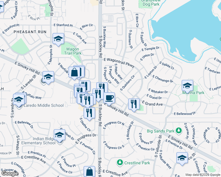 map of restaurants, bars, coffee shops, grocery stores, and more near 16932 East Chenango Avenue in Aurora