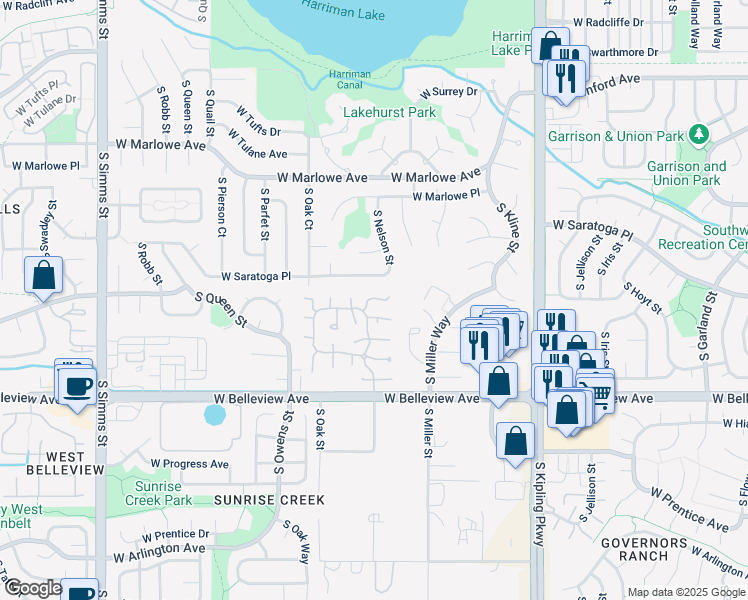 map of restaurants, bars, coffee shops, grocery stores, and more near 4956 South Nelson Street in Littleton