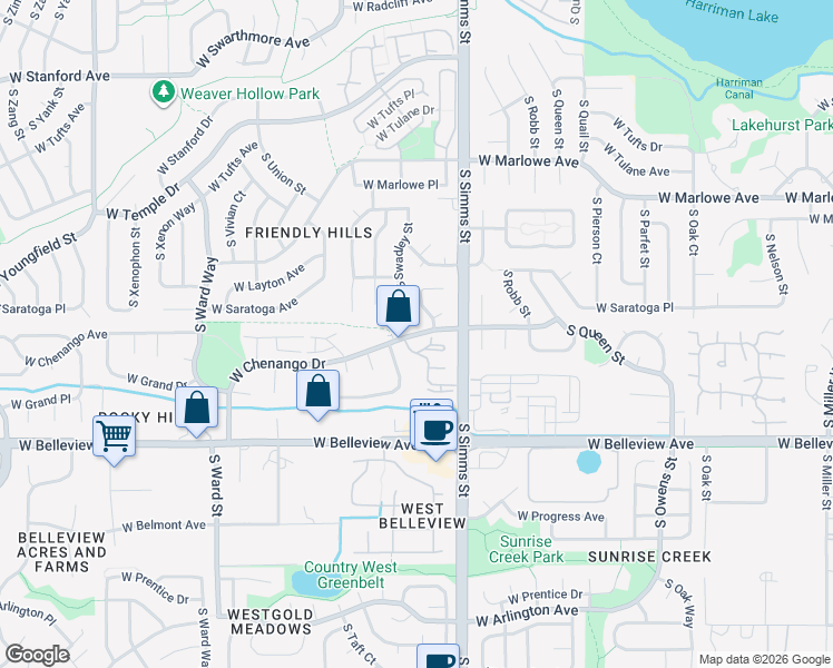 map of restaurants, bars, coffee shops, grocery stores, and more near 11736 West Chenango Drive in Morrison