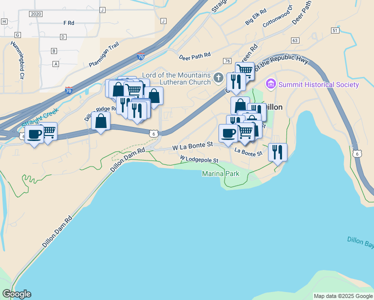 map of restaurants, bars, coffee shops, grocery stores, and more near 104 Lodgepole Street in Dillon