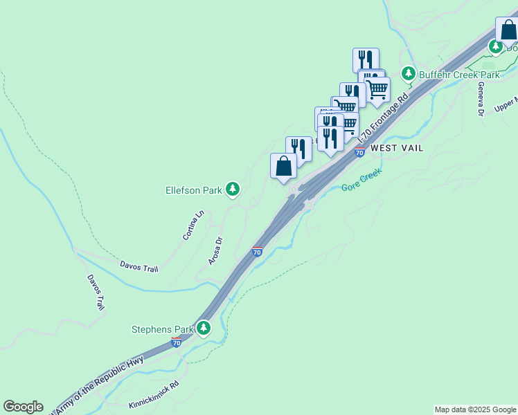 map of restaurants, bars, coffee shops, grocery stores, and more near 2444 Chamonix Lane in Vail