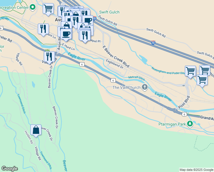 map of restaurants, bars, coffee shops, grocery stores, and more near 1429 Deer Boulevard in Avon