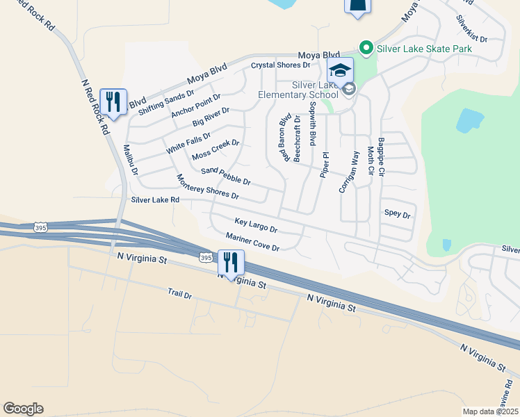 map of restaurants, bars, coffee shops, grocery stores, and more near 7845 Key Largo Drive in Reno