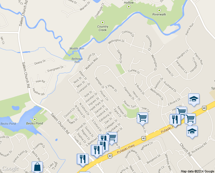 map of restaurants, bars, coffee shops, grocery stores, and more near 119 East Plover Drive in Newark