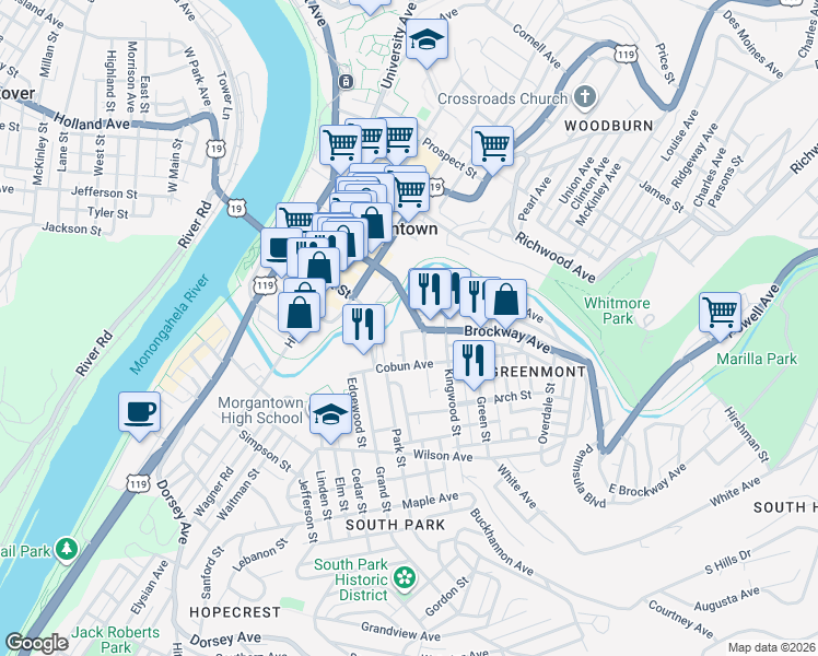 map of restaurants, bars, coffee shops, grocery stores, and more near 113 South Walnut Street in Morgantown