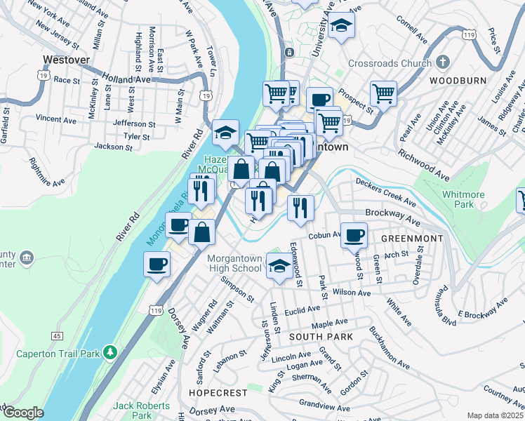 map of restaurants, bars, coffee shops, grocery stores, and more near 58 High Street in Morgantown