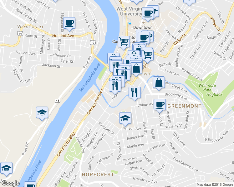 map of restaurants, bars, coffee shops, grocery stores, and more near 58 High Street in Morgantown