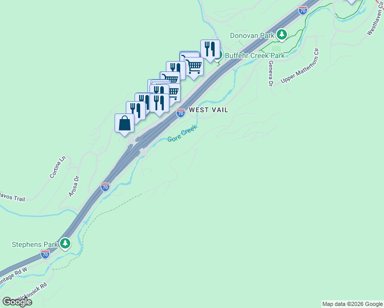 map of restaurants, bars, coffee shops, grocery stores, and more near 2017 Meadow Brook Drive in Vail
