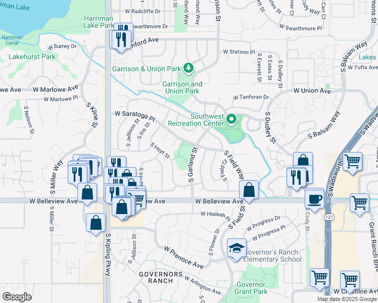 map of restaurants, bars, coffee shops, grocery stores, and more near 4901 South Garland Street in Littleton