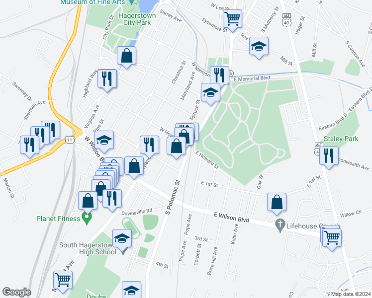 map of restaurants, bars, coffee shops, grocery stores, and more near 805 South Potomac Street in Hagerstown