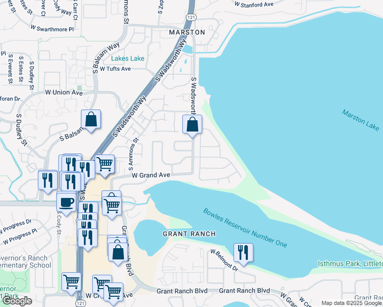 map of restaurants, bars, coffee shops, grocery stores, and more near 7638 West Layton Way in Littleton
