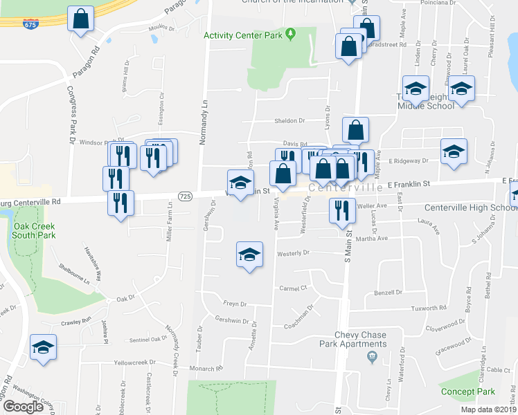 map of restaurants, bars, coffee shops, grocery stores, and more near 28 Weidner Lane in Centerville
