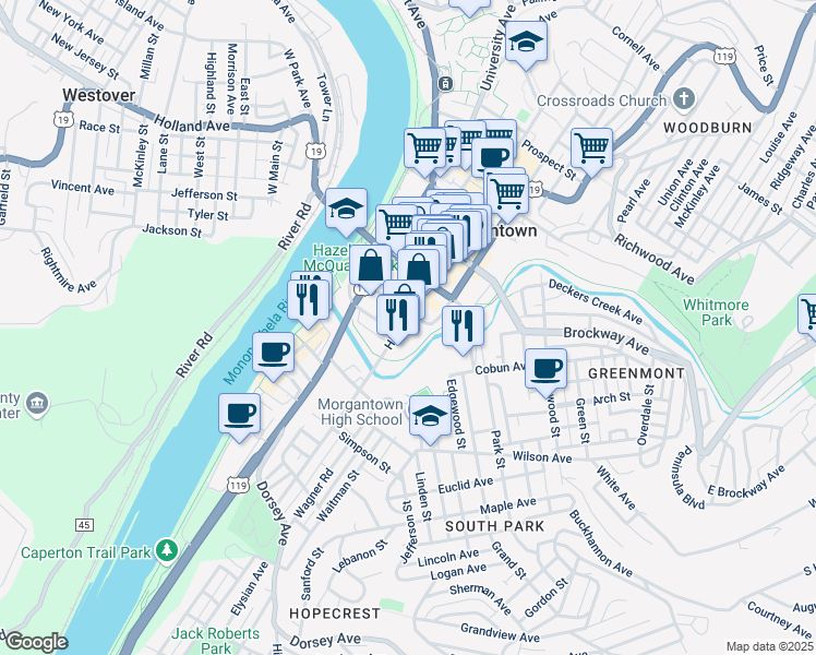 map of restaurants, bars, coffee shops, grocery stores, and more near 68 High Street in Morgantown