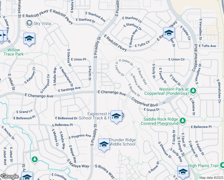 map of restaurants, bars, coffee shops, grocery stores, and more near 4893 South Picadilly Court in Aurora
