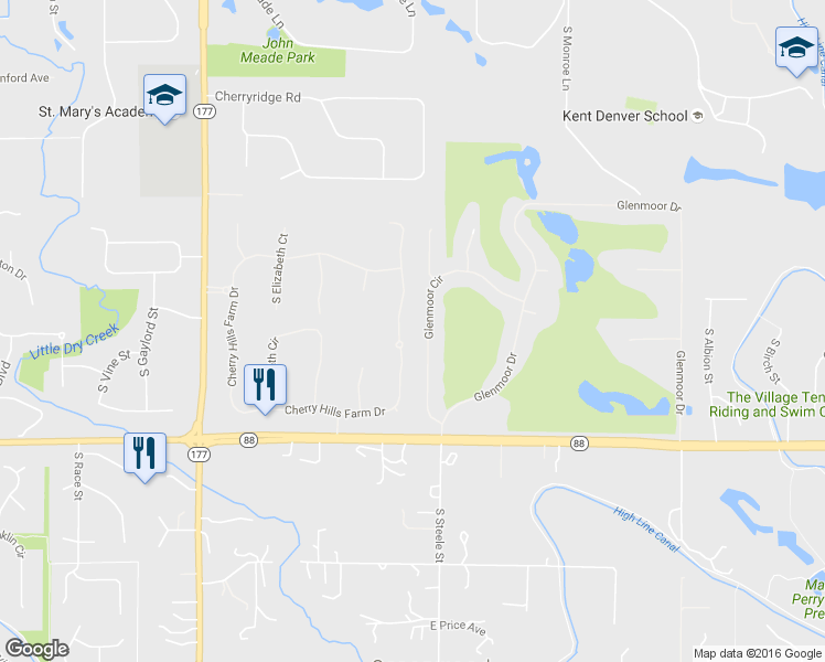 map of restaurants, bars, coffee shops, grocery stores, and more near 31 Cherry Hills Farm Drive in Englewood