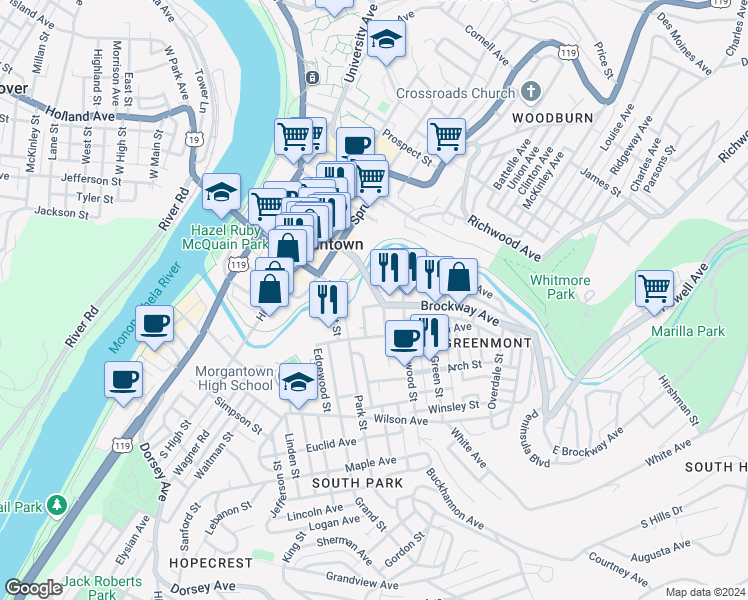 map of restaurants, bars, coffee shops, grocery stores, and more near 113 South Walnut Street in Morgantown