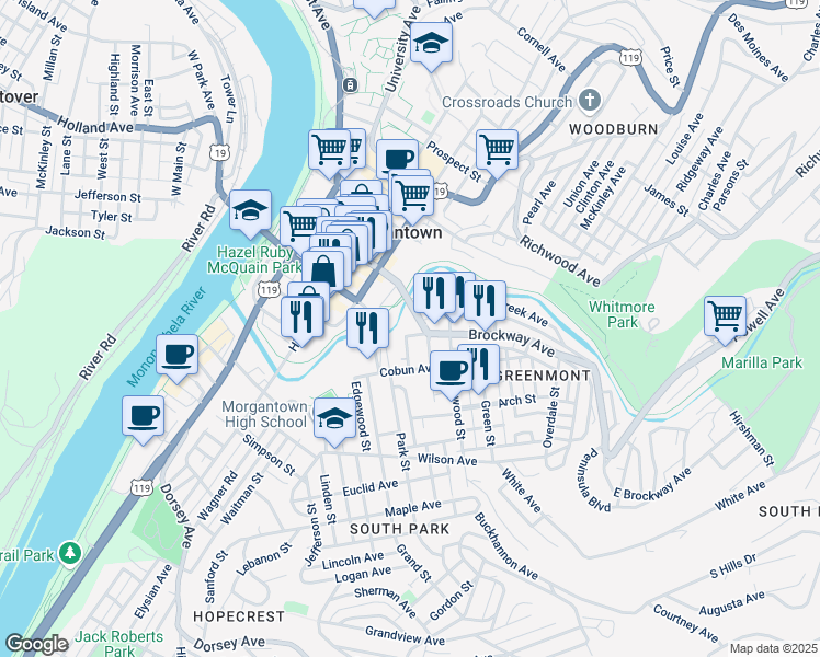 map of restaurants, bars, coffee shops, grocery stores, and more near 100-102 Maryland Street in Morgantown