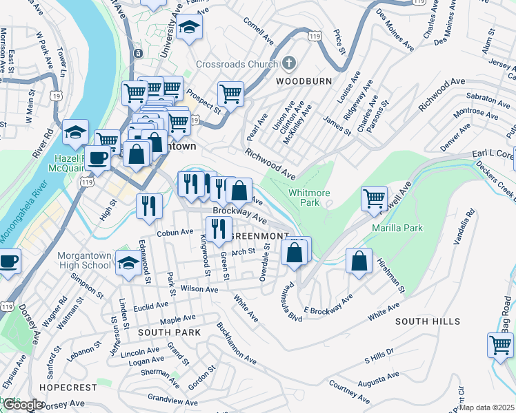 map of restaurants, bars, coffee shops, grocery stores, and more near 573 Brockway Avenue in Morgantown