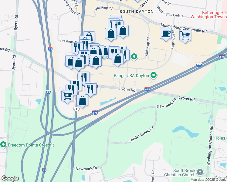 map of restaurants, bars, coffee shops, grocery stores, and more near 2718 Lyons Road in Miamisburg