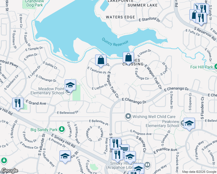 map of restaurants, bars, coffee shops, grocery stores, and more near 18574 East Layton Place in Aurora