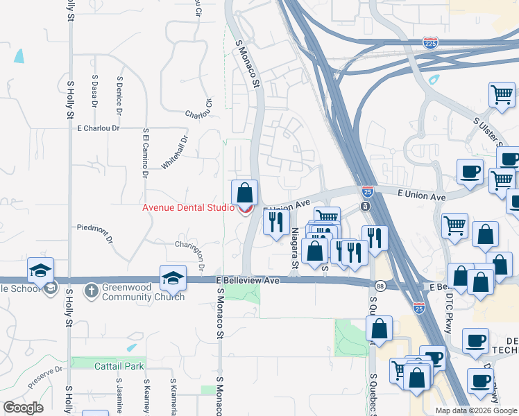 map of restaurants, bars, coffee shops, grocery stores, and more near E Union Ave & S Monaco St in Denver