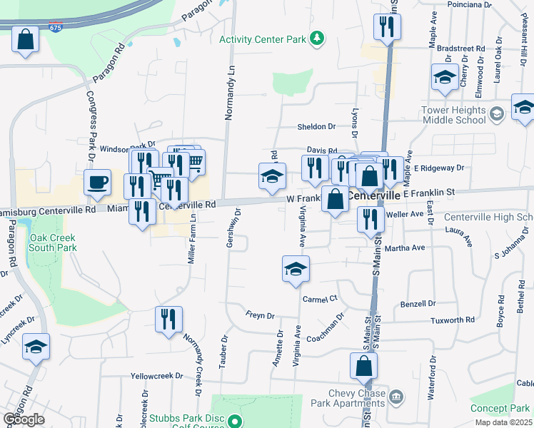 map of restaurants, bars, coffee shops, grocery stores, and more near 192 West Franklin Street in Dayton