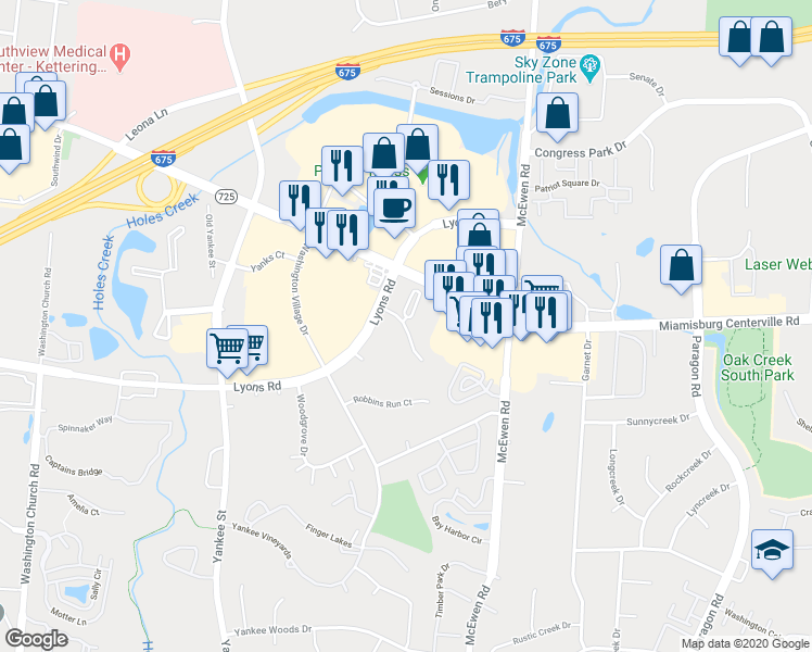 map of restaurants, bars, coffee shops, grocery stores, and more near 1104 Cambridge Station Rd in Dayton
