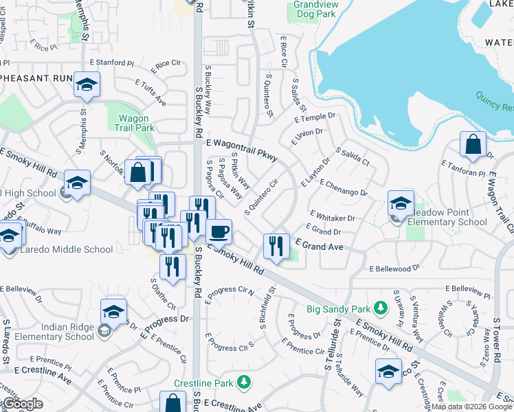 map of restaurants, bars, coffee shops, grocery stores, and more near 4894 South Quintero Circle in Aurora