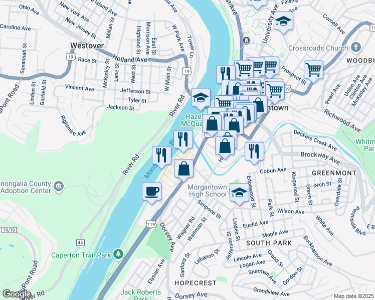 map of restaurants, bars, coffee shops, grocery stores, and more near 966 Don Knotts Blvd in Morgantown