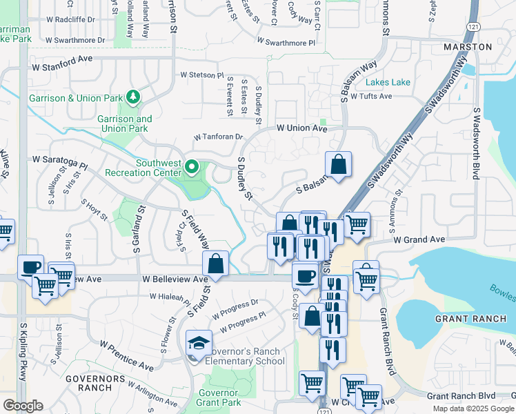 map of restaurants, bars, coffee shops, grocery stores, and more near 4900 South Field Court in Denver