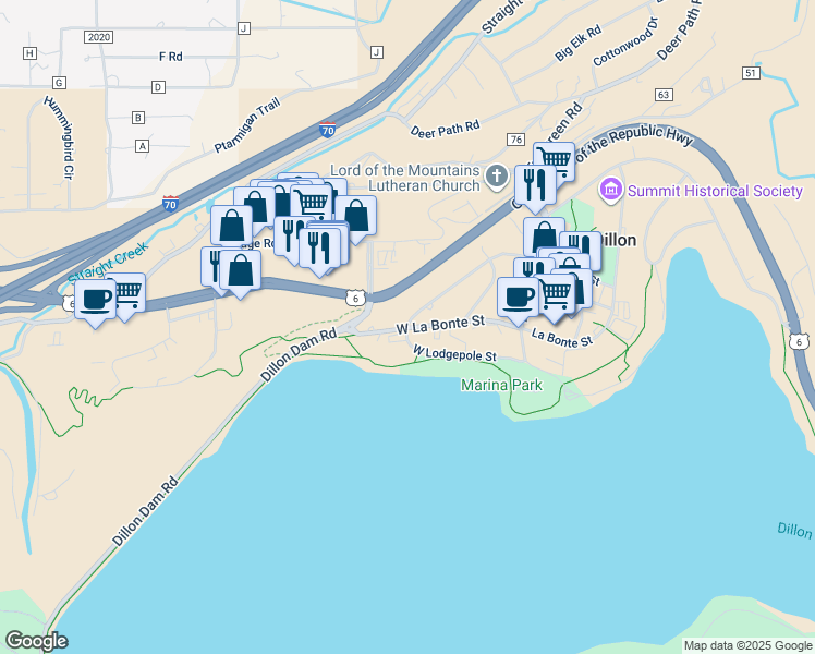 map of restaurants, bars, coffee shops, grocery stores, and more near 401 Lodgepole Street in Dillon