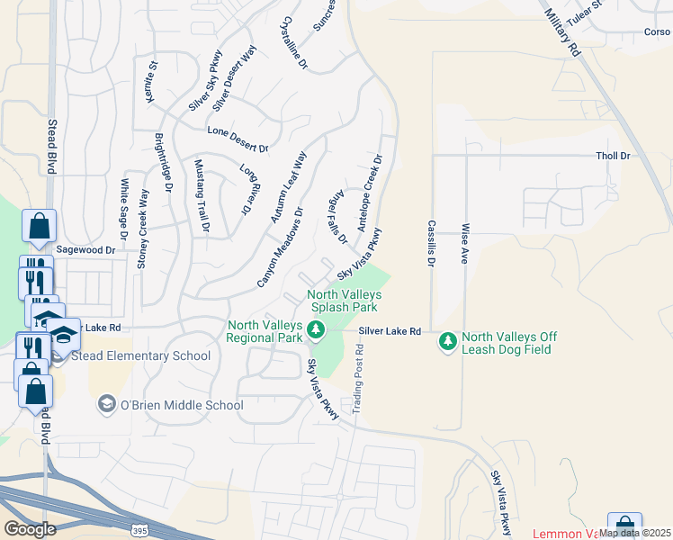 map of restaurants, bars, coffee shops, grocery stores, and more near 5 Sky Vista Parkway in Reno