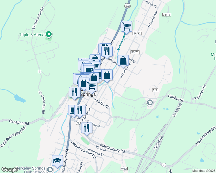 map of restaurants, bars, coffee shops, grocery stores, and more near 109 Davis Road in Berkeley Springs