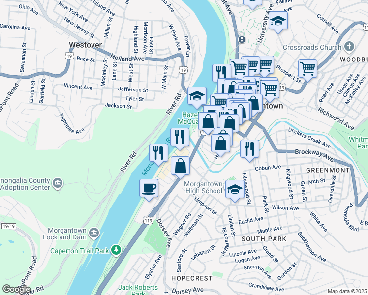 map of restaurants, bars, coffee shops, grocery stores, and more near 966 Don Knotts Blvd in Morgantown