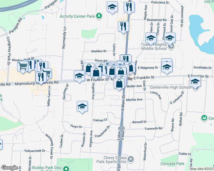 map of restaurants, bars, coffee shops, grocery stores, and more near 15 Westerfield Drive in Dayton