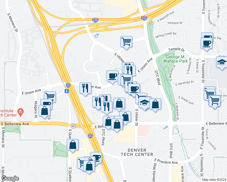 map of restaurants, bars, coffee shops, grocery stores, and more near 7800 East Union Avenue in Denver