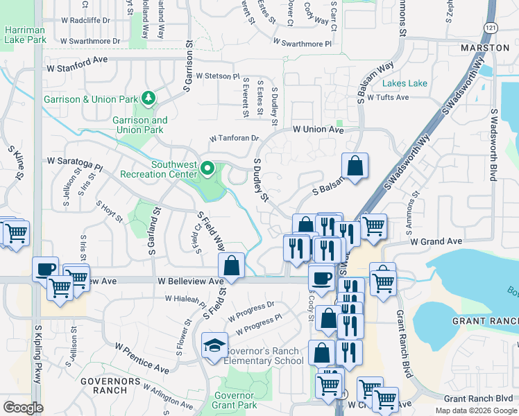 map of restaurants, bars, coffee shops, grocery stores, and more near 4899 South Dudley Street in Littleton