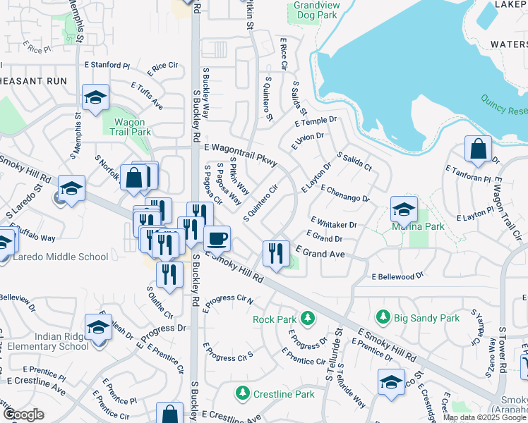 map of restaurants, bars, coffee shops, grocery stores, and more near 4901 South Richfield Circle in Aurora