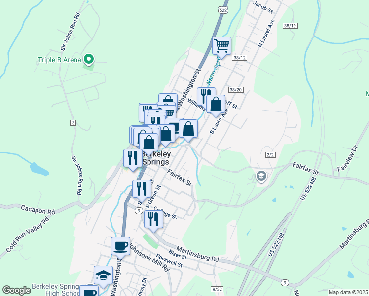 map of restaurants, bars, coffee shops, grocery stores, and more near 137 Hageman Street in Berkeley Springs